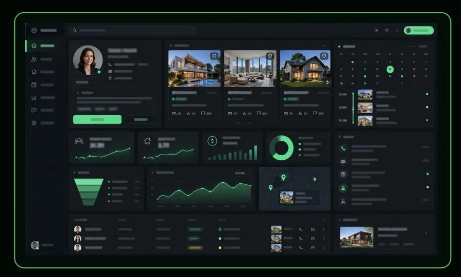 Console do widget Gestão de Imóveis com catálogo, indicadores e agenda de visitas